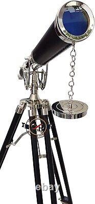 Nautical Vintage Solid Brass Marine Black Leather Telescope with Tripod Stand