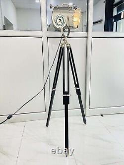 Nautical Vintage Style Searchlight Tripod Wooden Chrome &Black Stand Floor Light