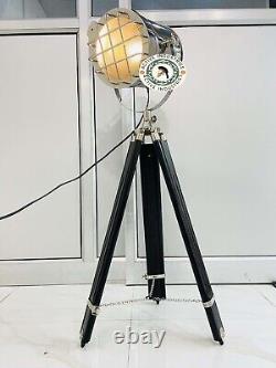 Nautical Vintage Style Searchlight Tripod Wooden Chrome &Black Stand Floor Light