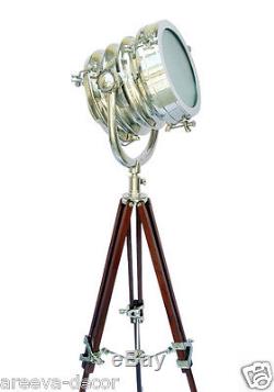 Nautical Vintage Theater Spot Light Premium Quality Teak Wood Tripod Floor Lamp