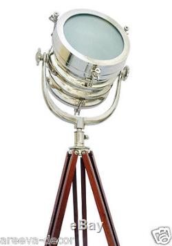 Nautical Vintage Theater Spot Light Premium Quality Teak Wood Tripod Floor Lamp
