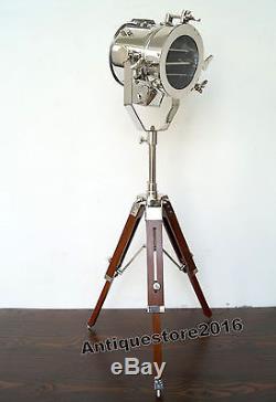 Nautical Vintage Theater Spotlight Wooden Tripod Stand Table Lamp Home Decor