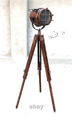 Nautical Vintage Tripod Floor Lamp Spotlight Studio Wooden Light Home Decorative