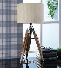 Nautical Vintage Wooden Table / Desk Lamp Tripod Chrome & Natural Stand Lamp