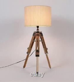 Nautical Vintage Wooden Table / Desk Lamp Tripod Chrome & Natural Stand Lamp