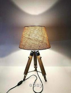 Nautical Vintage Wooden Table/Desk Lamp Tripod Stand With Jute Shade Home Decor