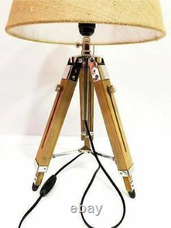 Nautical Vintage Wooden Table/Desk Lamp Tripod Stand With Jute Shade Home Decor