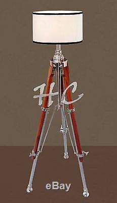 Nautical Wooden Chrome Tripod Table Lamp Stand Vintage Marine Floor Shade Lamp