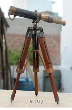 Nautical antique vintage brass spyglass telescope with wooden tripod marine spyg