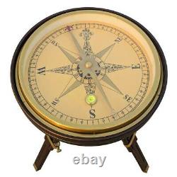Nautical brass large 35 cm compass with wooden tripod stand vintage coffee table