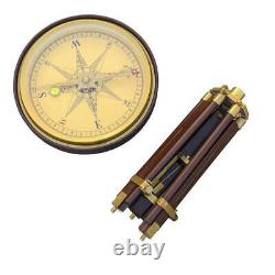 Nautical brass large compass 35 cm with wooden tripod stand vintage coffee table