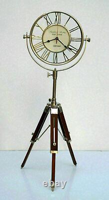 Nautical maritime vintage brass table desk clock with wooden tripod stand decor