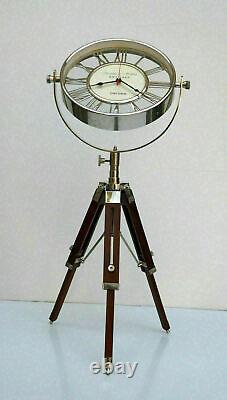 Nautical maritime vintage brass table desk clock with wooden tripod stand decor