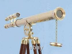 Nautical shiny brass double barrel telescope floor standing wooden tripod decor