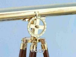 Nautical shiny brass double barrel telescope floor standing wooden tripod decor