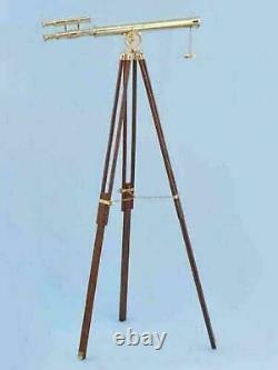 Nautical shiny brass double barrel telescope floor standing wooden tripod decor