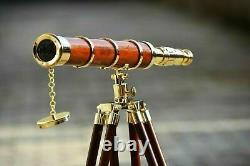 New Vintage Single Barrel Brass Telescope With Wooden Tripod Stand