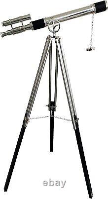Nickel Finish Telescope on Wooden/Brass Black Tripod Stand Handmade Marine Decor