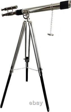 Nickel Finish Telescope on Wooden/Brass Black Tripod Stand Handmade Marine Decor