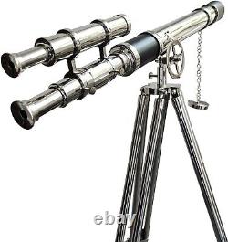 Nickel Finish Telescope on Wooden/Brass Black Tripod Stand Handmade Marine Decor