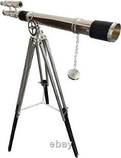 Nickel Finish Telescope on Wooden/Brass Black Tripod Stand Handmade Marine Decor