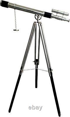 Nickel Finish Telescope on Wooden/Brass Black Tripod Stand Handmade Marine Decor