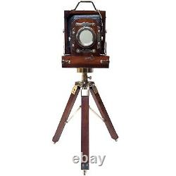 Nickel Plated Brass Vintage Camera with Tripod Stand Replica Home Table Decor