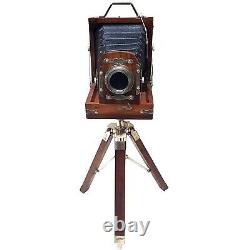 Nickel Plated Brass Vintage Camera with Tripod Stand Replica Home Table Decor