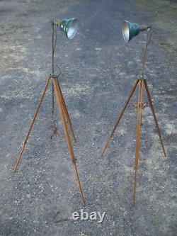 Pair (2) Vintage Antique Industrial Adjustable Wood Tripod Lamps Green Shades