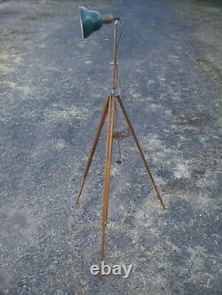 Pair (2) Vintage Antique Industrial Adjustable Wood Tripod Lamps Green Shades