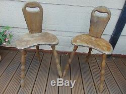 Pair Antique Vintage Rustic French 3 Leg Tripod Wooden Milking Spinning Stools