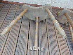 Pair Antique Vintage Rustic French 3 Leg Tripod Wooden Milking Spinning Stools