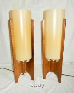 Pair Of Vintage MCM Teak Tripod Table Lamps Plastic Shades 1960's