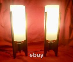 Pair Of Vintage MCM Teak Tripod Table Lamps Plastic Shades 1960's