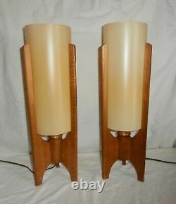 Pair Of Vintage MCM Teak Tripod Table Lamps Plastic Shades 1960's