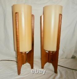 Pair Of Vintage MCM Teak Tripod Table Lamps Plastic Shades 1960's