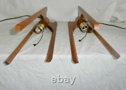 Pair Of Vintage MCM Teak Tripod Table Lamps Plastic Shades 1960's