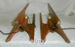 Pair Of Vintage MCM Teak Tripod Table Lamps Plastic Shades 1960's