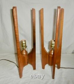 Pair Of Vintage MCM Teak Tripod Table Lamps Plastic Shades 1960's