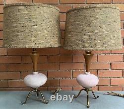 Pair Vintage 1950s Ceramic Pottery Lamps Tripod Mid Century Modern MCM Lighting