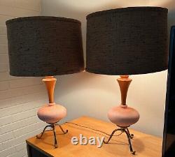 Pair Vintage 1950s Ceramic Pottery Lamps Tripod Mid Century Modern MCM Lighting