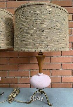 Pair Vintage 1950s Ceramic Pottery Lamps Tripod Mid Century Modern MCM Lighting