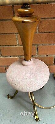 Pair Vintage 1950s Ceramic Pottery Lamps Tripod Mid Century Modern MCM Lighting