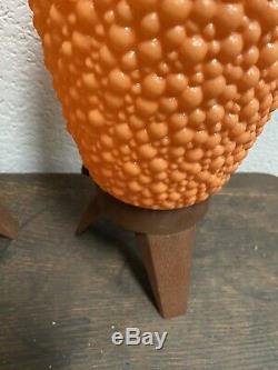 Pr Vtg Mid Century Modern Plastic Orange Beehive Atomic Tripod Lamps