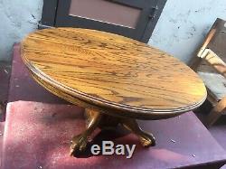 RARE OVAL Oak Coffee Table Tripod Pedestal Unique Grains Lion Bear Paws Vintage
