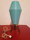 Rare Shape Vintage Mid Century Beehive Lamp Blue Turquoise Wood Tripod Legs