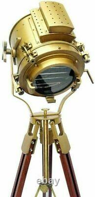 RT Nautical Antique Finish Brass Spotlight Searchlight Wooden Tripod Floor Lamp