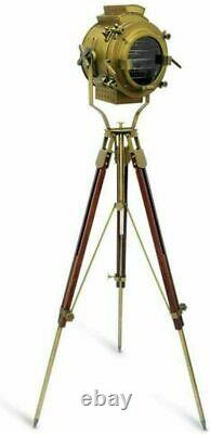 RT Nautical Antique Finish Brass Spotlight Searchlight Wooden Tripod Floor Lamp