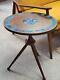 Rare Vtg Mid-mod Round Tripod Side Table Wood + Blue/green Ceramic Tile Japan