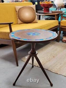 Rare VTG Mid-MOD Round Tripod SIDE TABLE Wood + Blue/Green Ceramic Tile JAPAN